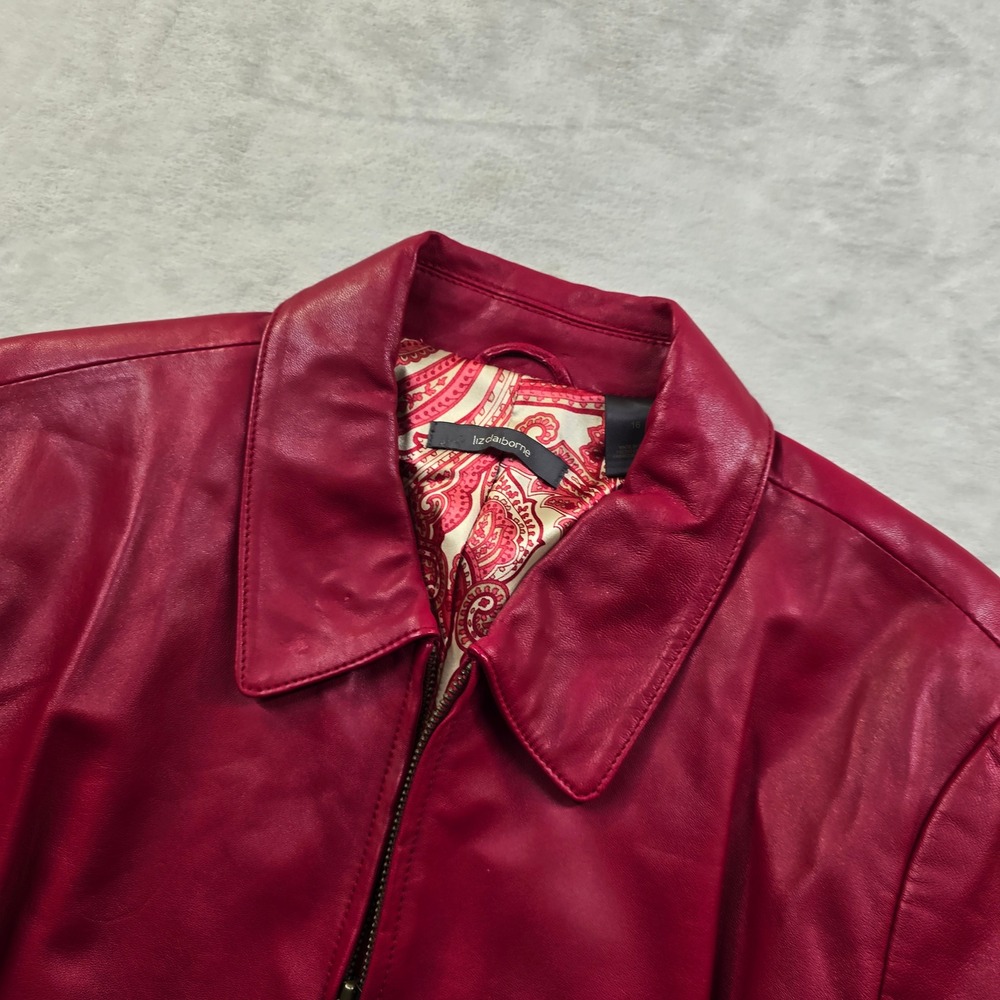 Liz Claiborne Leather‎ Jacket Women 16 Red Pink Paisley Lined Zip Front Coat - Picture 4 of 12